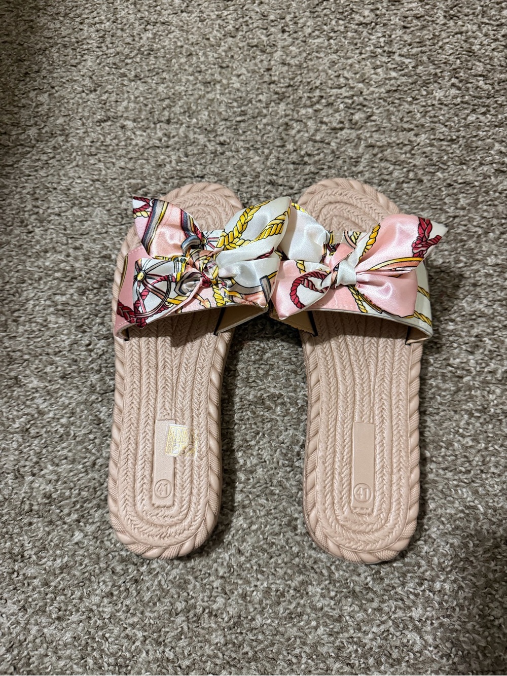 SHEIN Pink Braided Slide Sandals with Patterned Bow